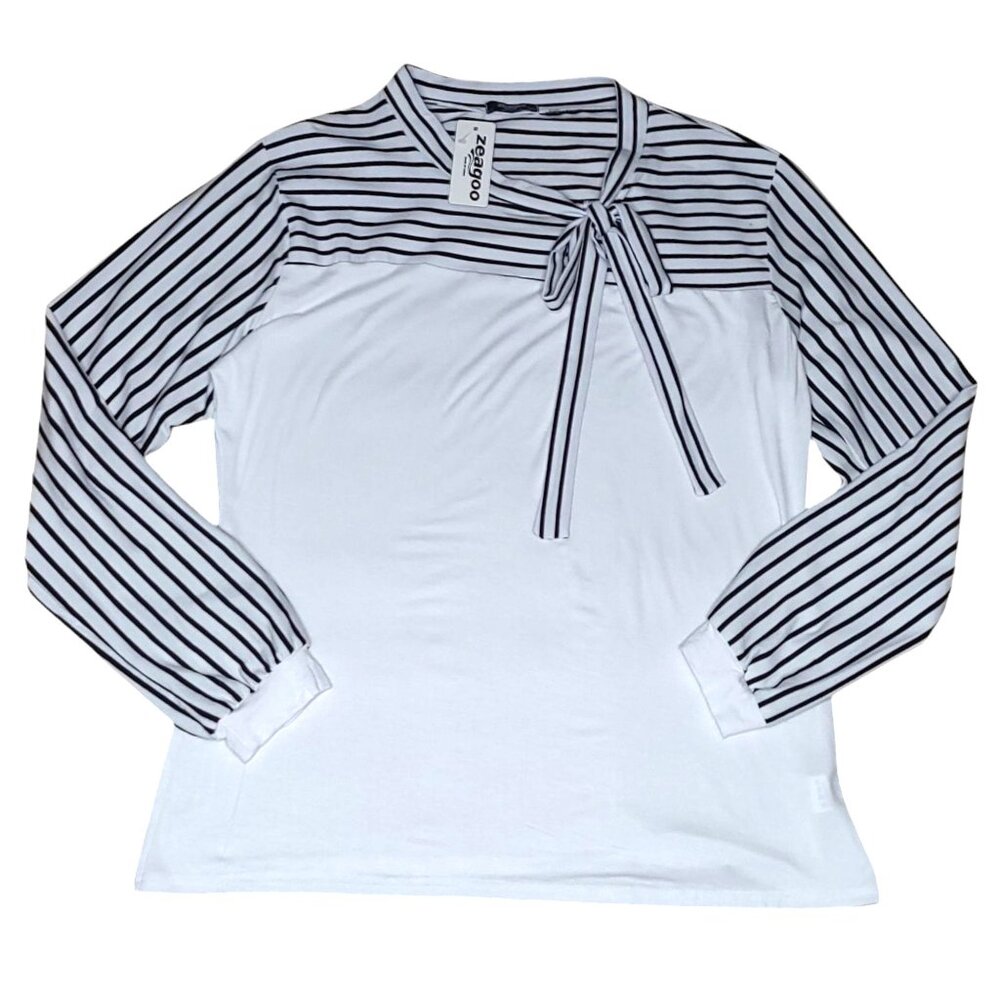 Women's Black and White Striped Bow Tie Long Sleeve Top Size XXXL